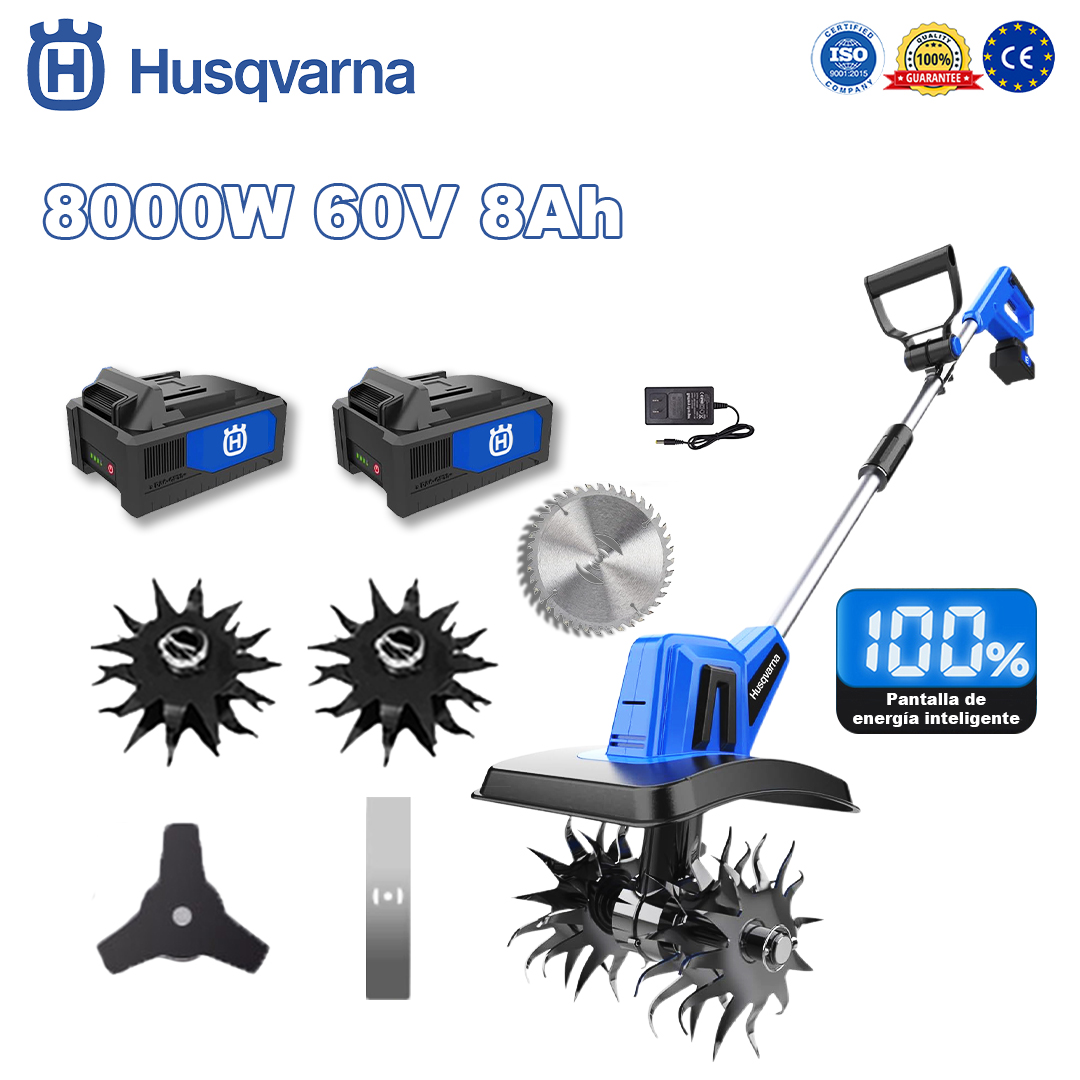 Cultivador Husqvarna de 8000 W * 1 + batería de 60 V 8.0 Ah * 1 + cargador de carga rápida * 1 + cabezal de arado * 2 + hoja de sierra circular * 1 + hoja de sierra recta * 1 + hoja de sierra triangular * 1 + guantes * 1 + gafas protectoras * 1 + casco de seguridad * 1 + destornillador * 1 + ropa protectora * 1 + aceite lubricante * 1 + tarjeta de garantía de 5 años * 1