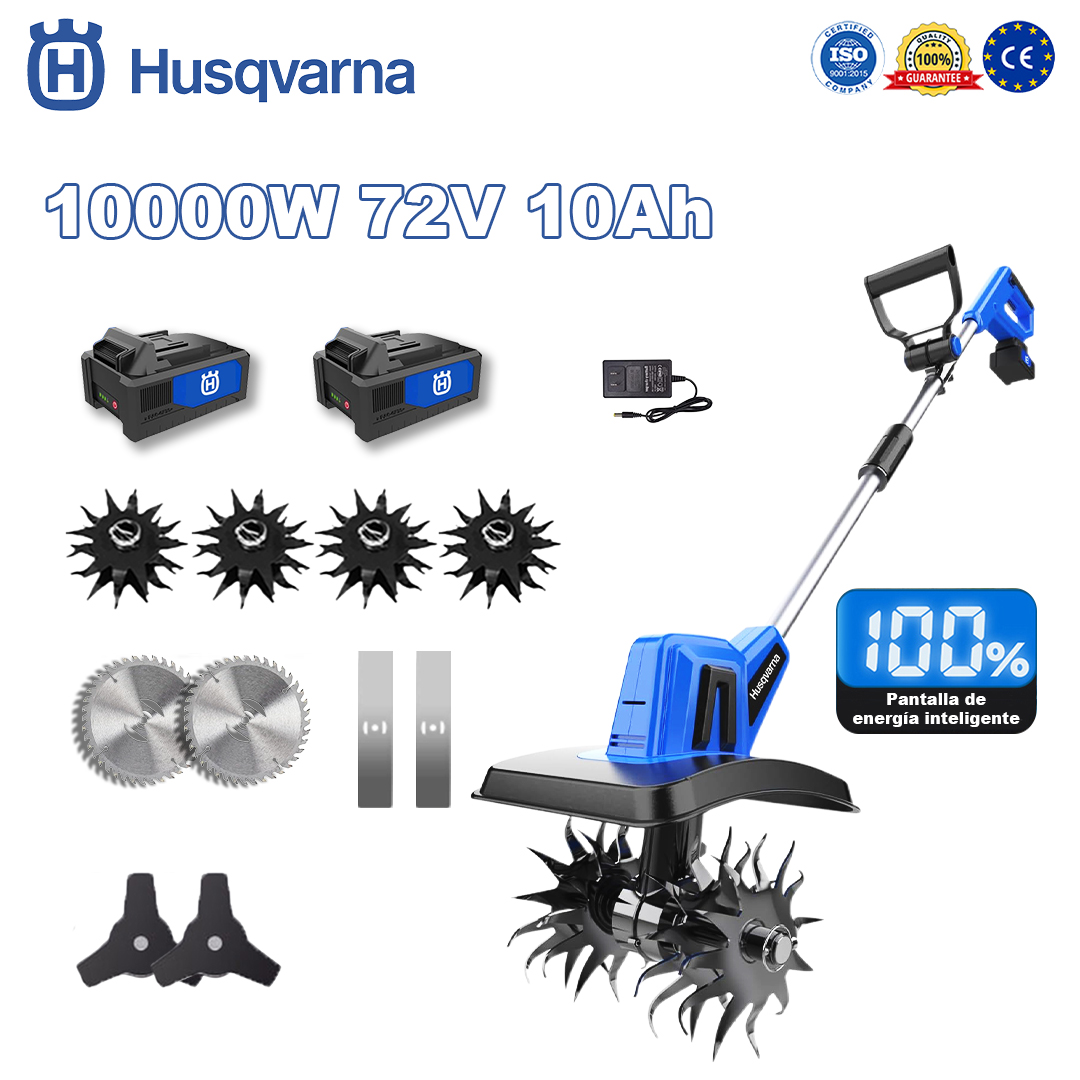 Cultivador Husqvarna de 10000 W * 1 + batería de 72 V 10.0 Ah * 2 + cargador de carga rápida * 1 + cabezal de arado * 4 + hoja de sierra circular * 2 + hoja de sierra recta * 2 + hoja de sierra triangular * 2 + guantes * 1 + gafas protectoras * 1 + casco de seguridad * 1 + destornillador * 1 + ropa protectora * 1 + aceite lubricante * 1 + tarjeta de garantía de 5 años * 1