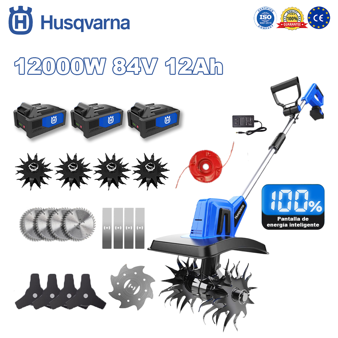 Cultivador Husqvarna de12000 W * 1 + 3 baterías de 84 V y 12 Ah * 1 + cargador rápido * 1 + cabezal de arado * 4 + hojas de sierra circular * 4 + hojas de sierra rectas * 4 + hojas de sierra de aleación * 1 + hojas de sierra triangular * 4 + cuerda de corte de aleación * 1 + guantes * 1 + gafas protectoras * 1 + casco de seguridad * 1 + destornillador * 1 + ropa protectora * 1 + aceite lubricante * 1 + tarjeta de garantía de 5 años * 1